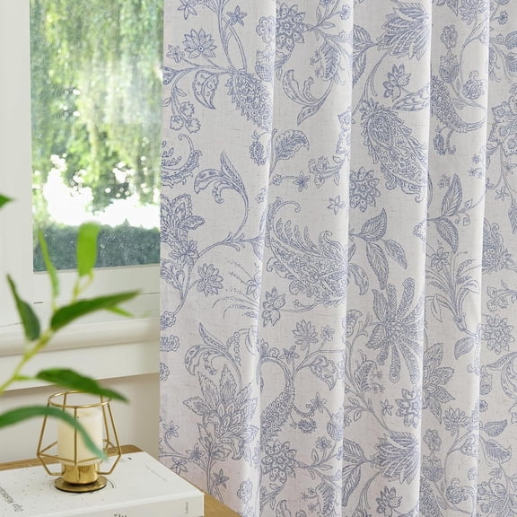 NICETOWN Linen Curtains 63 Inches Long 52" Wide for Living Room, Blue Floral Curtains Light Filtering French Country Back Tab Drapes, Set of 2