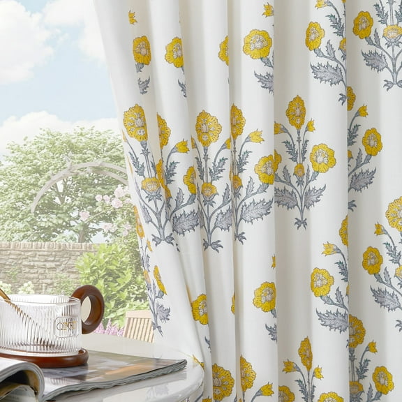 NICETOWN Faux Belgian Linen Curtains for Bedroom, Floral Printed Linen Curtains Privacy Protection Light Filtering Farmhouse Back Tab Window Drapes, Yellow, 52"x96", 2 Panels