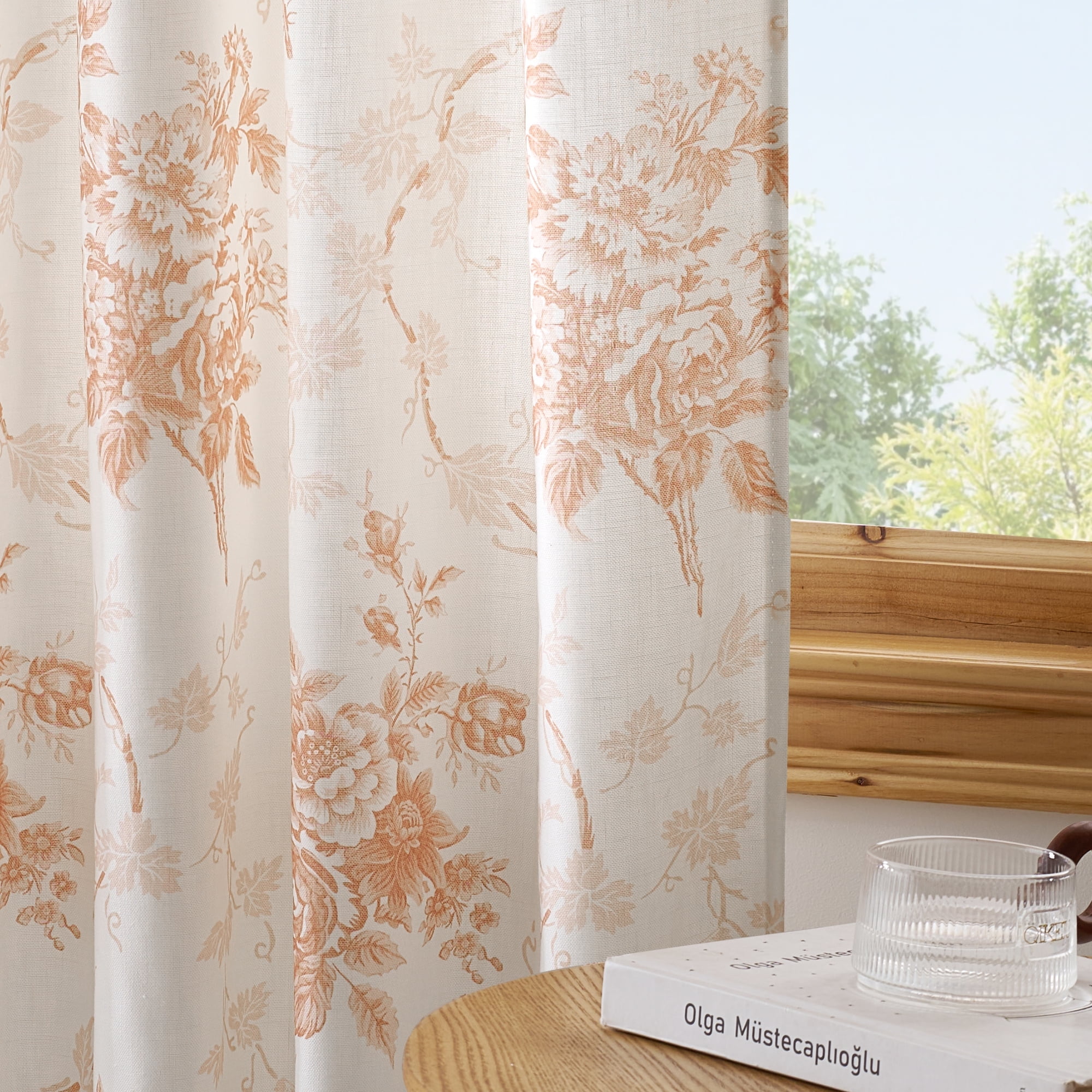 NICETOWN Linen Curtains for Bedroom, Luxury Floral Printed Faux Belgian Linen Curtains Light Filtering Modern Linen Drapes Back Tab Privacy Protection Window Treatments, Brown, 52"x84", 2 Panels