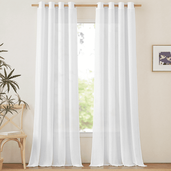 NICETOWN Linen Curtains for Bedroom, Semi Sheer Thick Linen Drapes Light Filtering Privacy Protection Grommet Living Room Curtain Panels, White, 55"x96", 2 Panels