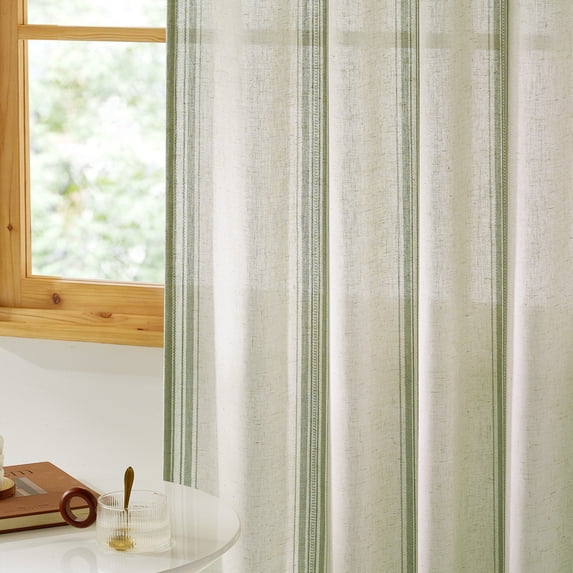 NICETOWN Linen Curtains for Bedroom, Striped Semi Sheer Curtains Light Filtering Privacy Farmhouse Back Tab Drapes for Living Room, Grass Green, 52"x96", 2 Panels