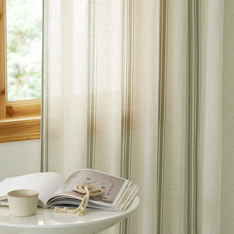 NICETOWN Linen Curtains for Bedroom, Striped Semi Sheer Curtains Light Filtering Privacy Farmhouse Back Tab Drapes for Living Room, Grass Green, 52"x96", 2 Panels