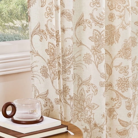 NICETOWN Linen Curtains Floral Curtains for Bedroom, Back Tab Light Filtering Semi Sheer Drapes for Living Room, Ginger Yellow, 52"x96", Set of 2