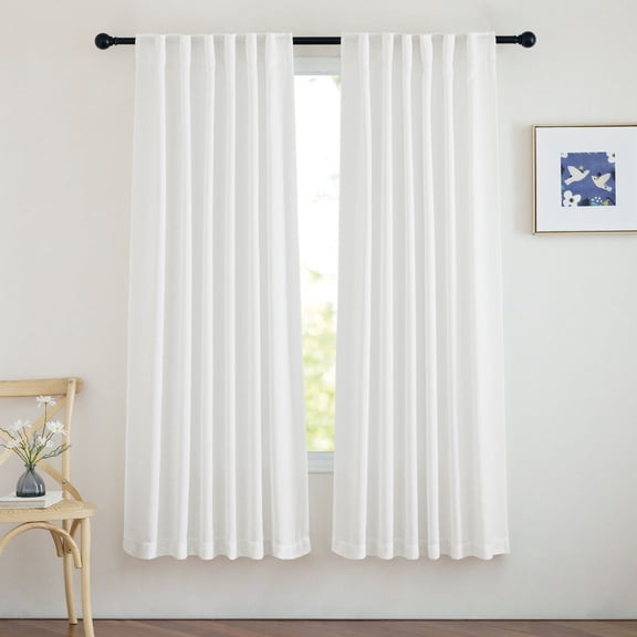 NICETOWN Linen Curtains for Kitchen, Rod Pocket Back Tab Faux Linen Blend Semi Sheer Privacy with Light Filtering Window Treatments Soft Flax Textured Boho Drapes, 52"x63", White, 2 Panels