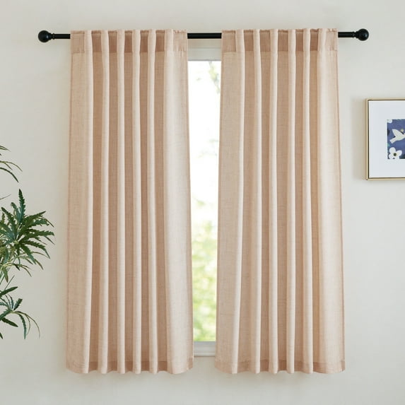 NICETOWN Linen Curtains for Kitchen, Rod Pocket Back Tab Faux Linen Blend Semi Sheer Privacy with Light Filtering Window Treatments Soft Flax Textured Boho Drapes, 52"x63", Natural, 2 Panels