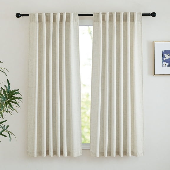 NICETOWN Linen Curtains for Kitchen, Rod Pocket Back Tab Faux Linen Blend Semi Sheer Privacy with Light Filtering Window Treatments Soft Flax Textured Boho Drapes, 52"x63", Cream, 2 Panels