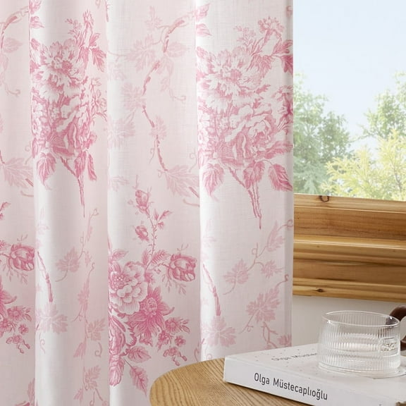NICETOWN Faux Belgian Linen Curtains for Living Room, Floral Printed Linen Curtains Light Filtering Modern Linen Drapes Back Tab Privacy Protection Window Treatments, Pink, 52"x84", 2 Panels