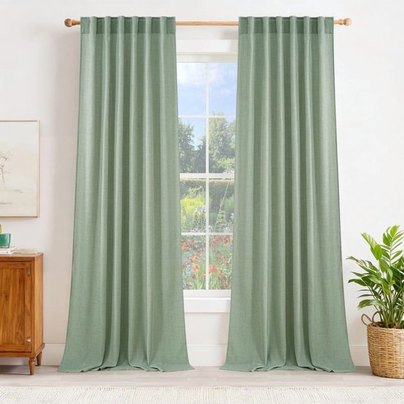 NICETOWN Linen Green Curtains for Living Room, Light Filtering Privacy Window Curtains Rod Pocket Back Tab Neutral Farmhouse for Home Office, 52"x90", Sage Green, 2 Panels
