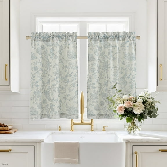 NICETOWN Linen Kitchen Curtain 36 Inch Length, Linen Cafe Curtains Rod Pocket Vintage Floral Light Filtering Semi Sheer Linen Curtains for Bedroom Basement, Blue, 26"x36", 2 Panels