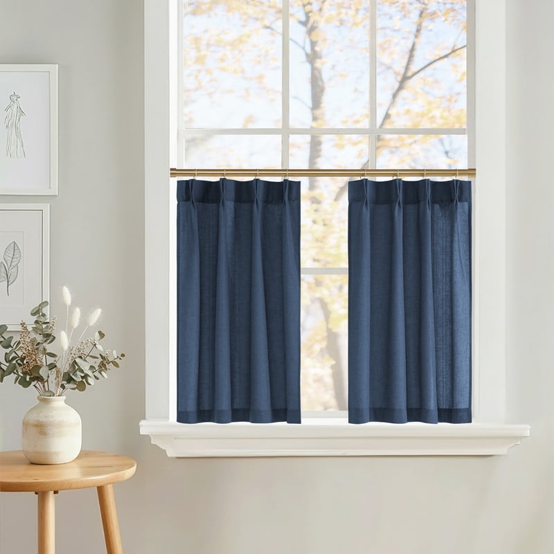 NICETOWN Linen Kitchen Curtains 36 Inches Long, Navy Blue Pinch Pleated Cafe Curtains Rustic Light Filtering Short Curtains for Bedroom Living Room, 26"x36", 1 Pair