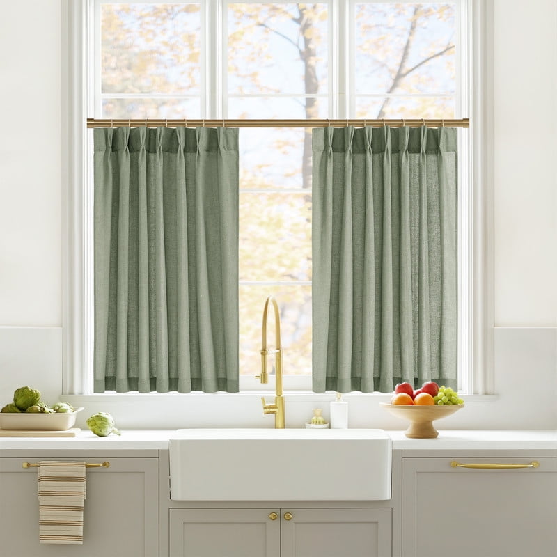 NICETOWN Linen Kitchen Curtains 36 Inches Long, Pinch Pleated Cafe Curtains Rustic Light Filtering Short Curtains for Bedroom Living Room, Sage Green, 40"x36", 1 Pair