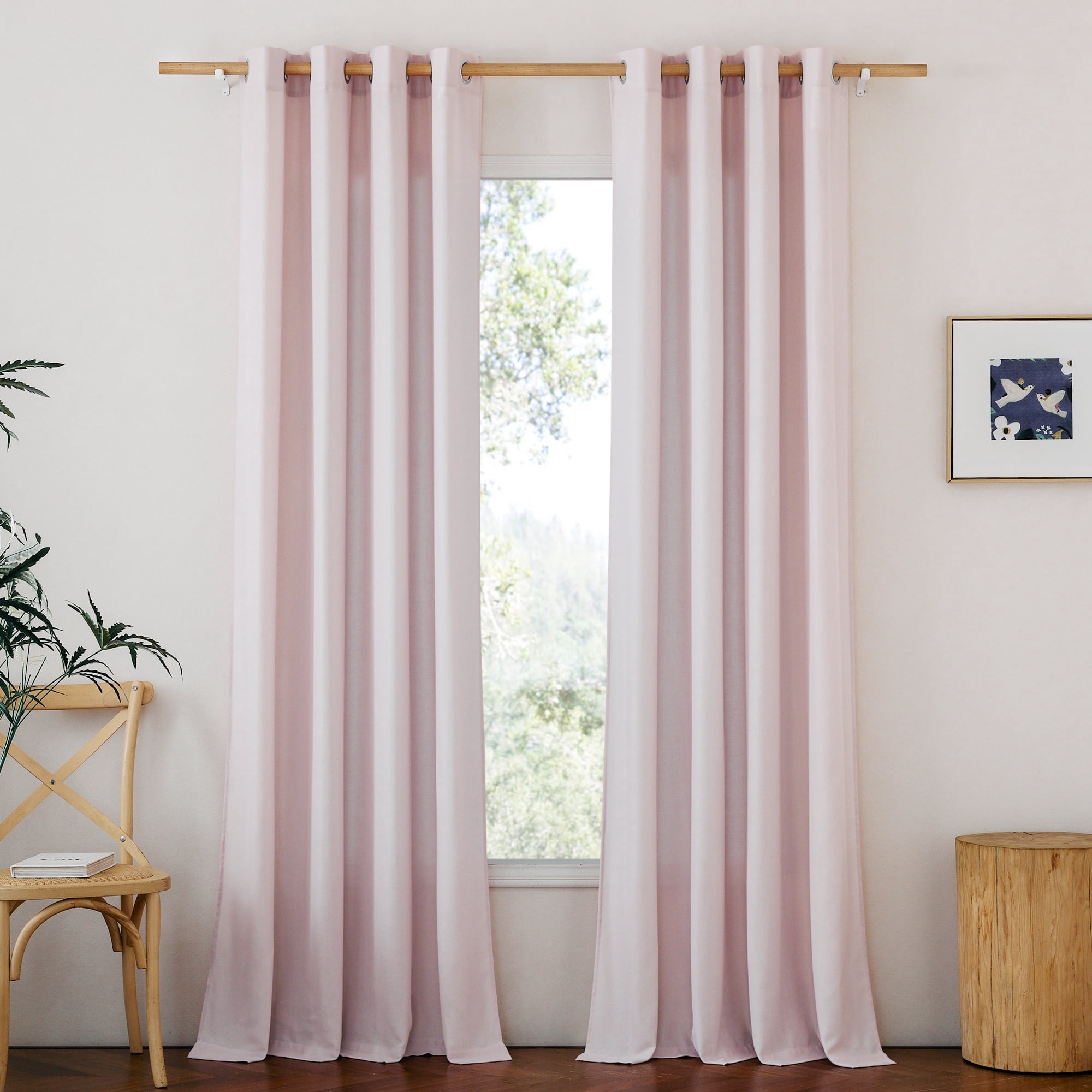 NICETOWN Linen Pink Curtains for Girls Room, Semi Sheer Thick Linen Drapes Light Filtering Privacy Protection Grommet Living Room Curtain Panels, Blush Pink, 55"x108", 2 Panels