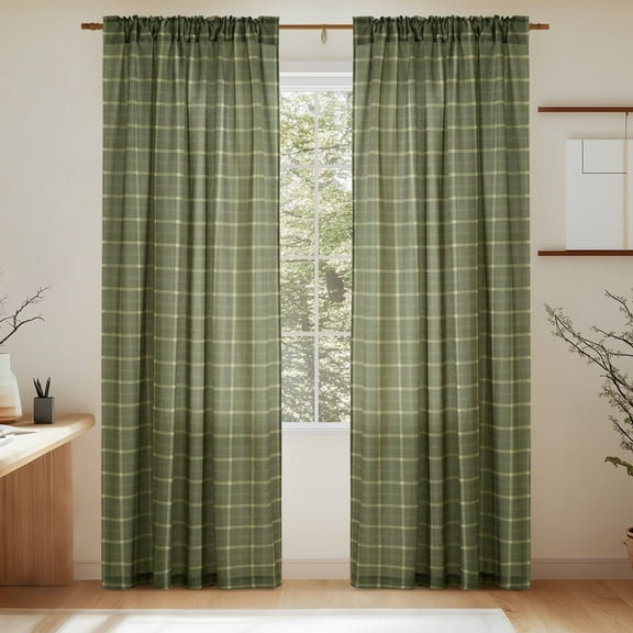 NICETOWN Linen Plaid Curtains for Living Room, Check Light Filtering Privacy Semi Sheer Linen Curtains Rod Pocket Back Tab Farmhouse Country Style Drapes, Green, 52"x84", 2 Panels