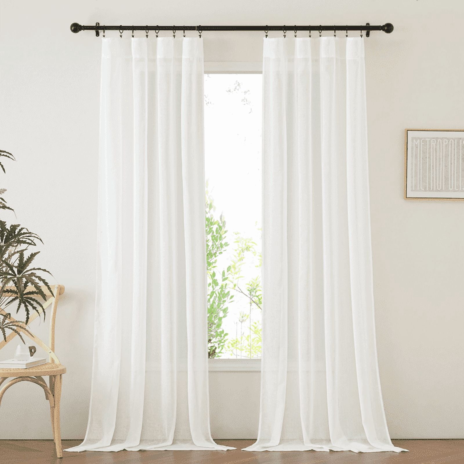 NICETOWN Linen Semi Sheer Curtains 108 inches Long, Rod Pocket & Back Tab Linen Blend Curtains Privacy with Light Filtering Drapes for Bedroom Living Room, Ivory, 52"x 108", 2 Panels
