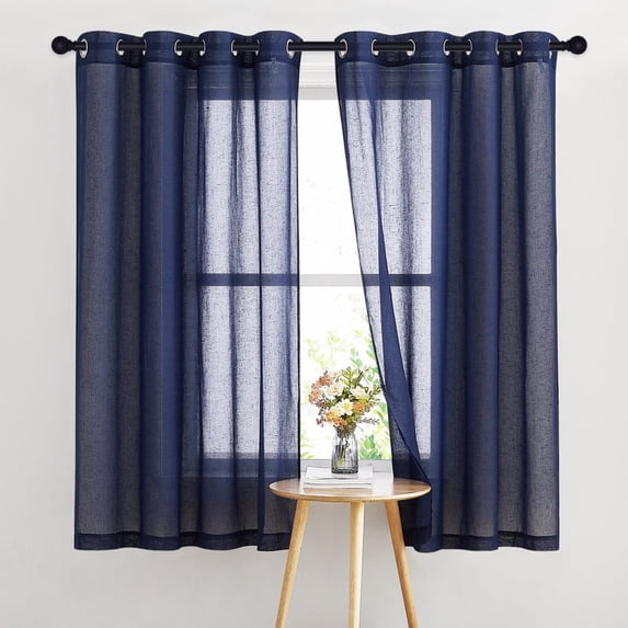 NICETOWN Linen Sheer Curtains for Nursery, Vintage Linen Textured Grommet Semi Sheer Privacy Window Treatment Light Filter for Kid's Room, 52"x63", Dark Blue, 2 Panels