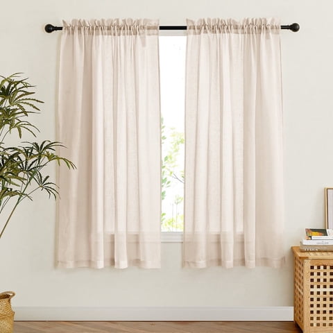 NICETOWN Linen Sheer Curtains for Kitchen, Light Filtering Drapes Rod Pocket & Back Tab Farmhouse Window Panels, Beige, 52"x 63", Set of 2