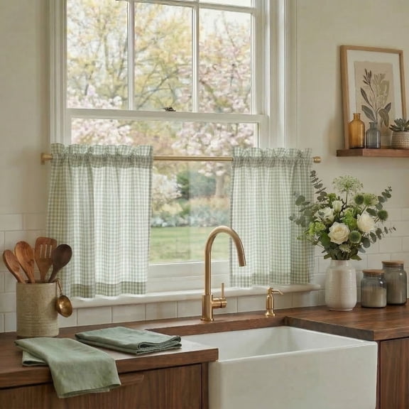 NICETOWN Linen Short Curtains 24 Inch Length, Semi Sheer Rustic Farmhouse Light Filtering Kitchen Drapes, Rod Pocket Linen Cafe Window Curtains for Bedroom Bathroom, Sage Green, 30"x24", 2 Panels