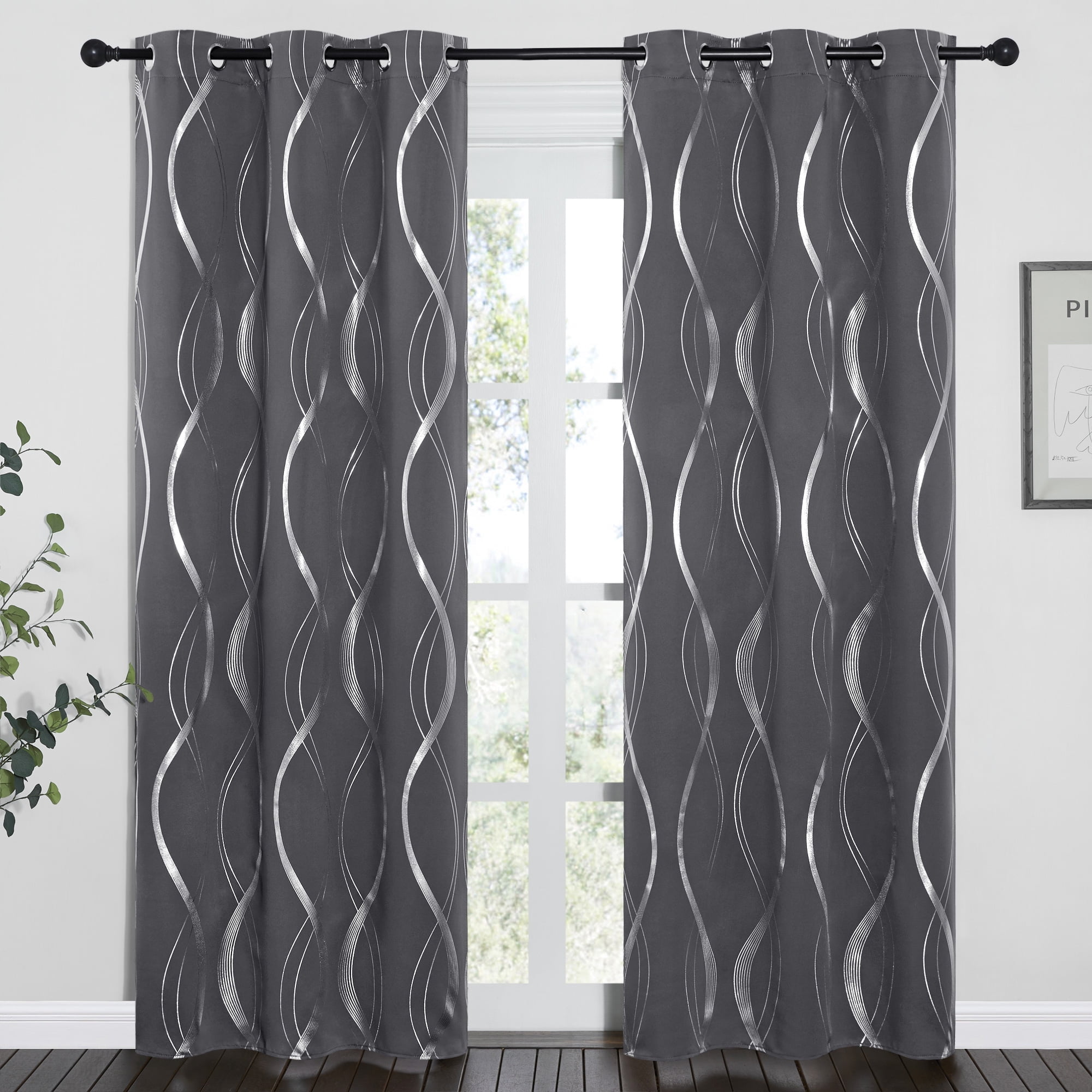 NICETOWN Living Room Curtains Blackout Length Wave Line Foil Print Grommet Room Darkening ...