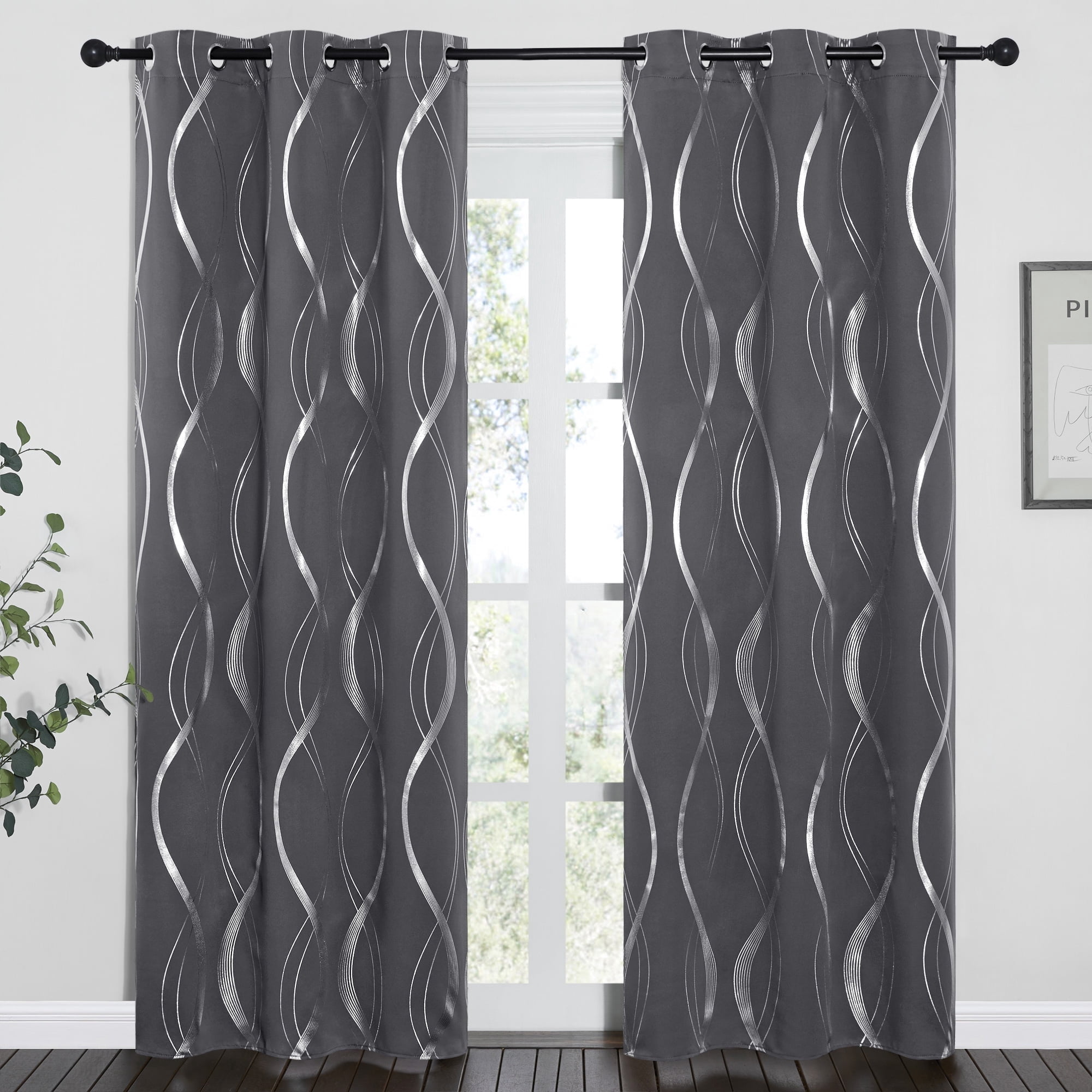 NICETOWN Living Room Curtains Blackout Length Wave Line Foil Print Grommet Room Darkening Curtains Thermal Insulated Bedroom Curtains, Gray, 42x84 inch, 2 Panels
