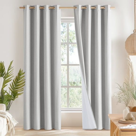 NICETOWN 100% Blackout Curtains for Living Room Faux Linen Room Darkening Noise Reducing Window Treatment for Bedroom, W52 x L90, Light Gray, Set of 2