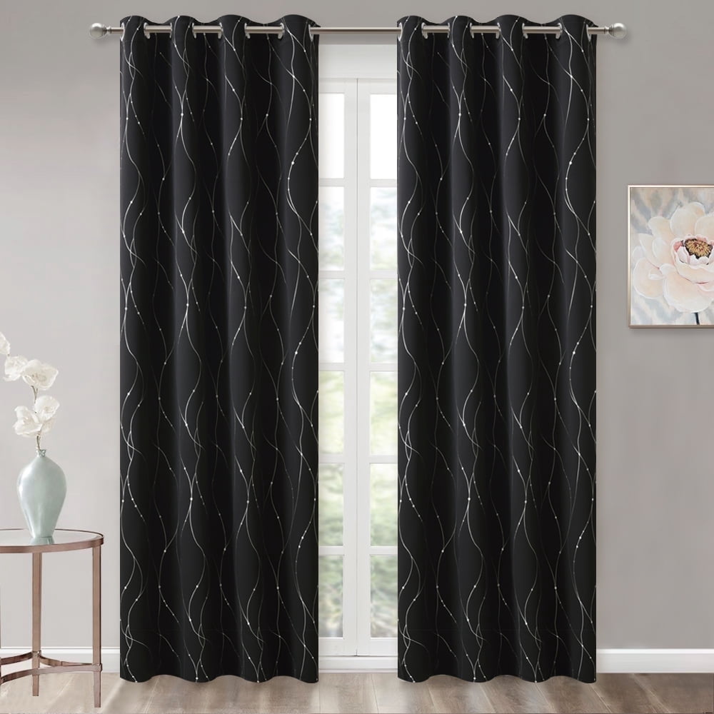 NICETOWN Modern Blackout Curtains for Bedroom, Pattern Printed Thermal Insulated Privacy Grommet Drapes, Set of 2, Black, W52 x L84
