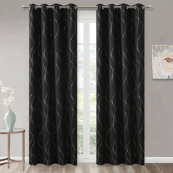 NICETOWN Modern Blackout Curtains for Bedroom, Pattern Printed Thermal Insulated Privacy Grommet Drapes, Set of 2, Black, W52 x L84