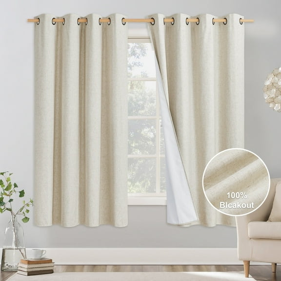 NICETOWN Natural 100% Blackout Linen Curtains 63 inch Long 52" Wide, 2 Panels Short Kitchen Curtains, Thick Completely Blackout Curtains for Farmhouses, Insulated Warm Curtains for Winter