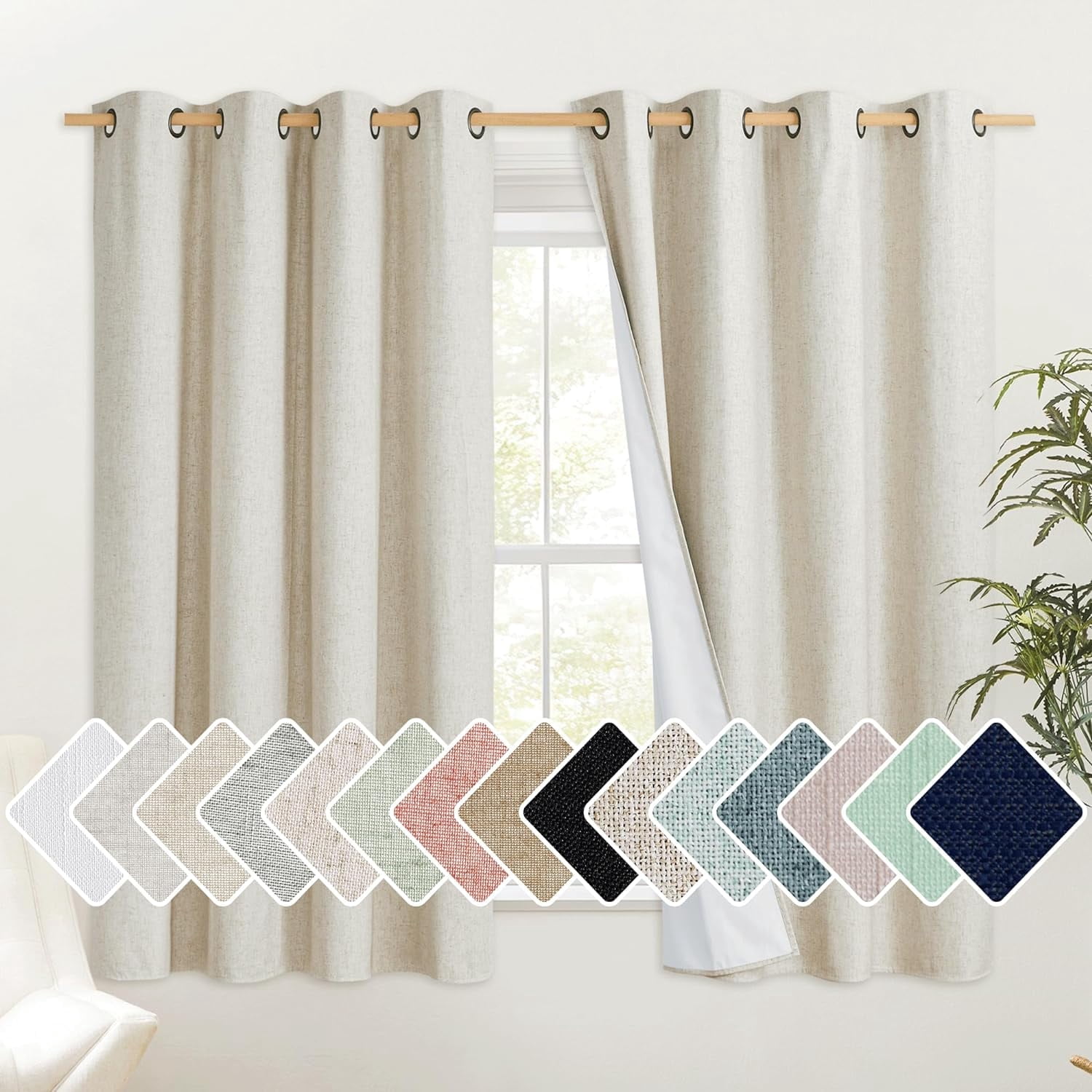 NICETOWN Natural 100% Blackout Linen Curtains 63 inch Long 52" Wide, 2 Panels Short Kitchen Curtains, Thick Completely Blackout Curtains for Farmhouses, Insulated Warm Curtains for Winter