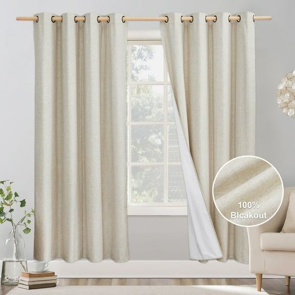 NICETOWN Natural Bedroom Full Blackout Linen Curtain Panels Set of 2, 52"x 72", Cold Reducing Thick Insulated Classic Grommet Blackout Draperies with White Thermal Insulated Liner for Windows