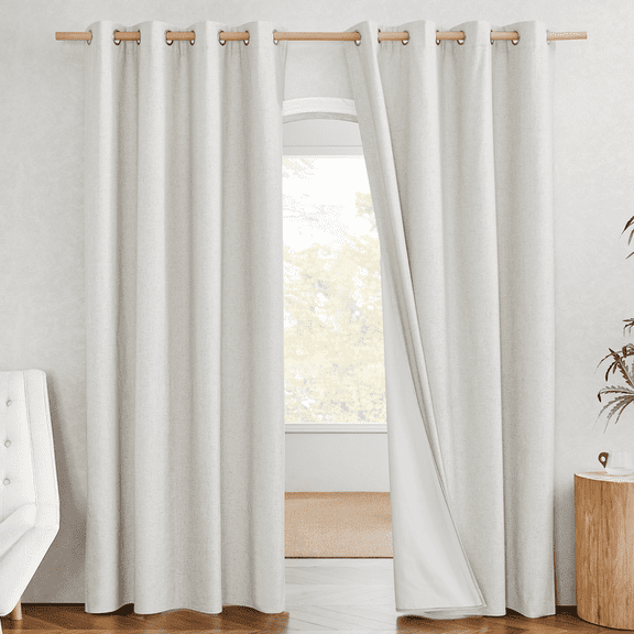 NICETOWN Natural Full Linen Blackout Curtain 90 Inch Long Curtain for Living Room, 62"Wide, Thick Completely Blackout Curtains for Farmhouses,Black Out Curtains for Bedroom Windows, 2 Panels