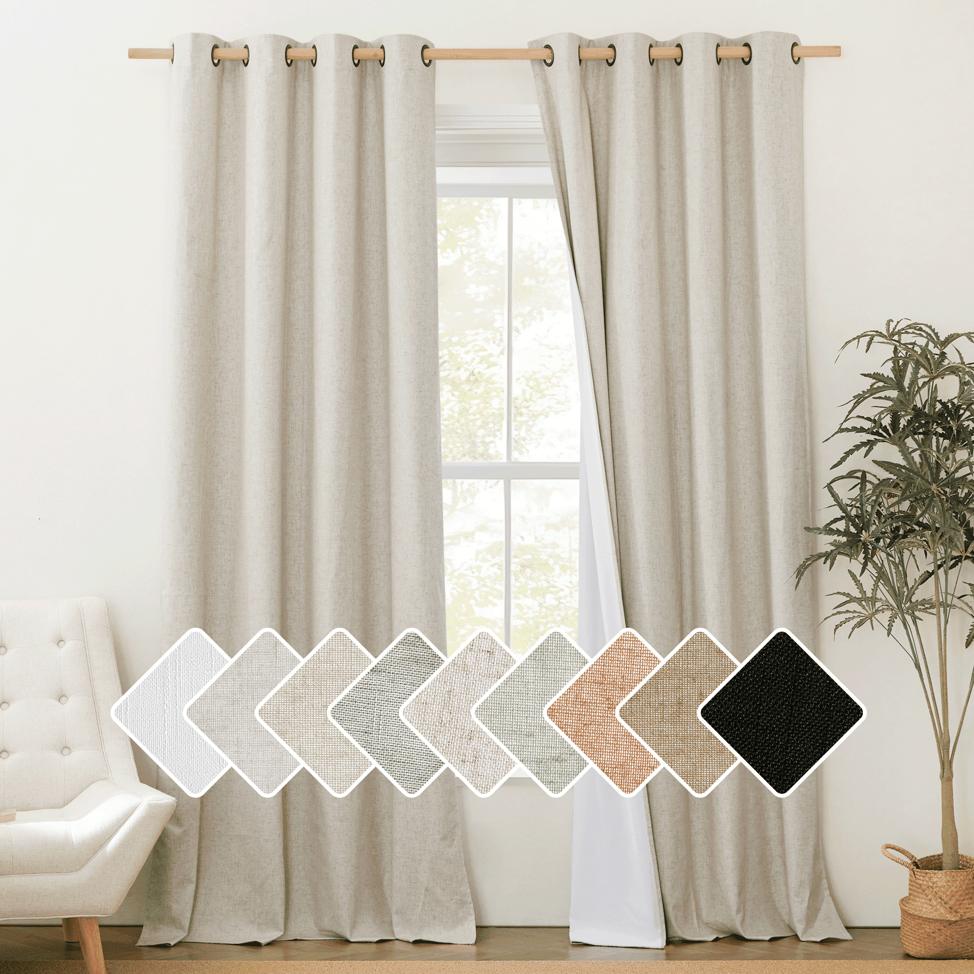 NICETOWN Natural Linen 100% Blackout Curtains for Bedroom 95 inches