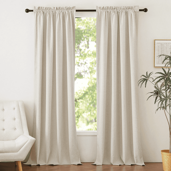 NICETOWN Natural Linen 100% Blackout Curtains for Bedroom, Rod Pocket Room Darkening Noise Reducing Drapes Energy Saving Farmhouse Curtains with Thermal Insulated Liner, 52"x 90", 2 Panels