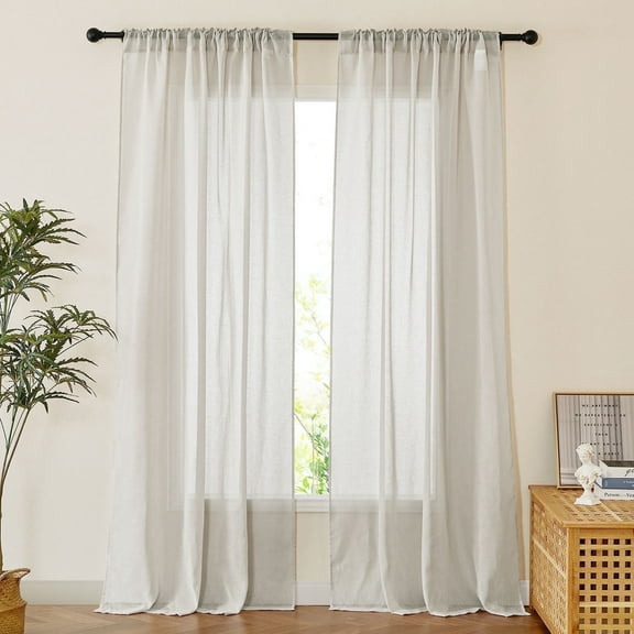 NICETOWN Natural Linen Semi-Sheer Curtains 90 inches Long 52" Wide for Home Office, Privacy Classic Rod Pocket & Back Tab Light Filtering Window Treatment for Farmhouse, 2 Panels