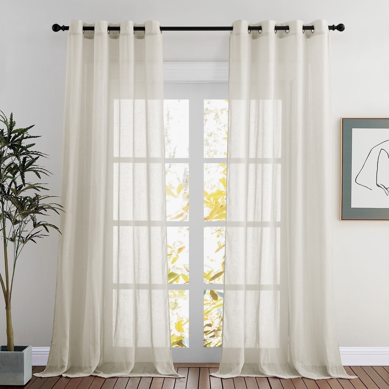 NICETOWN Natural Sheer Linen Curtains 96 inches Long 52" Wide for Dining Room, 2 Panels, Elegant Home Grommet Privacy Vertical Window Curtains & Drapes with Light Filtering for Living Room