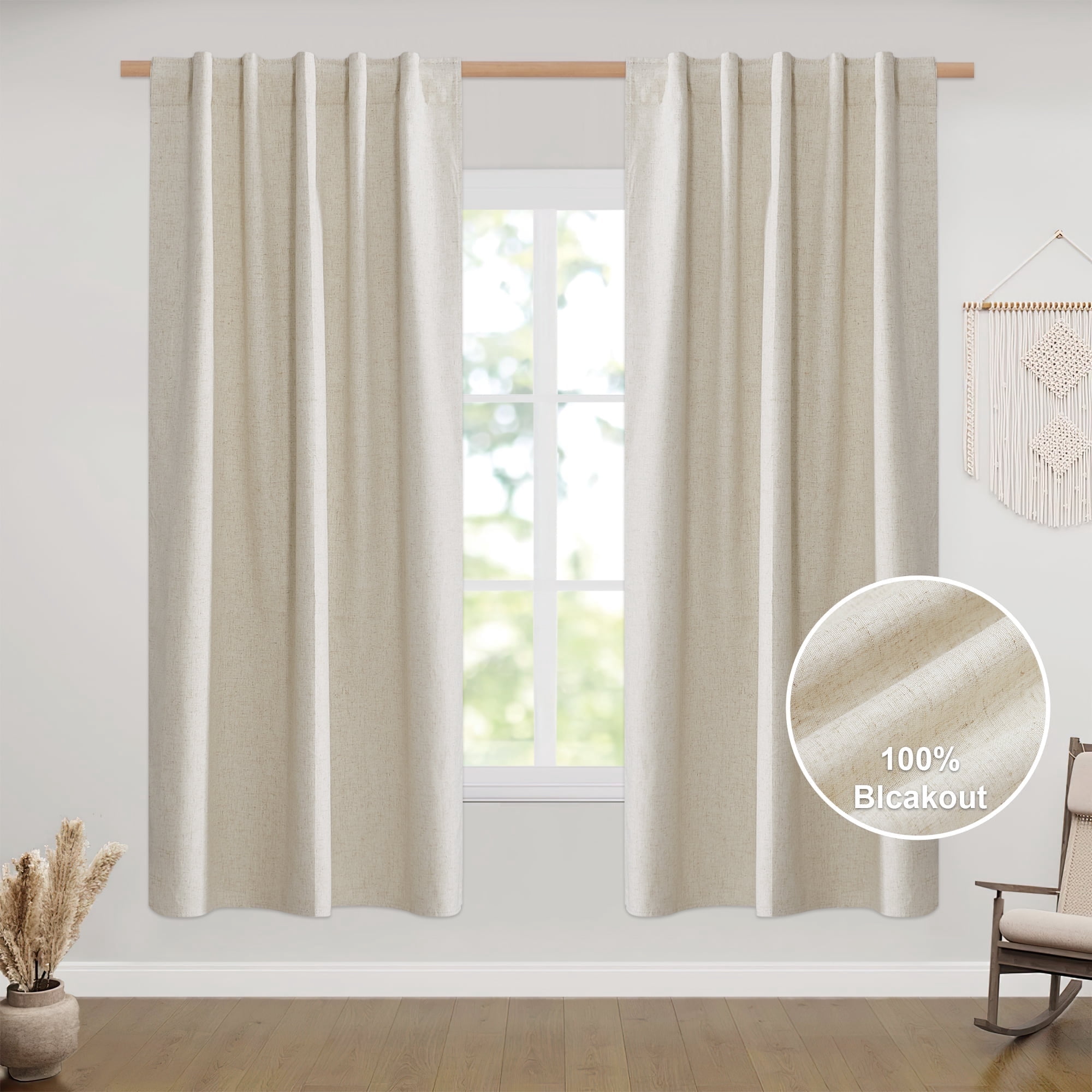 NICETOWN Natural Short 100% Blackout Curtains 63 inches Length for Kitchen, 52" Wide, 2 Pieces, Burlap Linen Drapes with Thermal Insulated White Liner, Keeping out Cold Air Panels