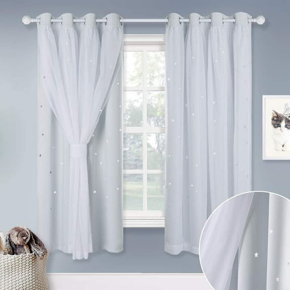 NICETOWN Nursery Bedroom Curtains 63 inch Length, Room Darkening Starry Drapes Overlapped with White Sheer for Kids (52" Wide, Greyish White, 4 Tie Backs Included)
