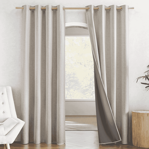 NICETOWN Oatmeal Linen Full Blackout Curtains for Dining Room, 100% Blackout Thermal Insulated Noise Reducing Grommet Window Treatment, 52"x 95", 2 Panels