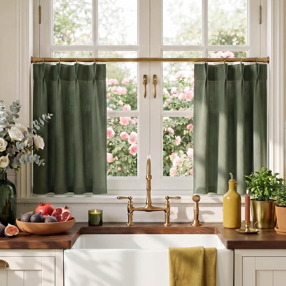 NICETOWN Olive Green Kitchen Curtains 36 Inches Long, Rustic Pinch Pleated Light Filtering Linen Cafe Curtains for Bedroom Farmhouse Decor, 26"x36", 2 Panels