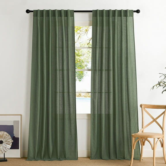 NICETOWN Olive Green Linen Curtains for Living Room, Natural Linen Drapes Back Tab Rod Pocket Light Filtering Semi Sheer Linen Curtains Ensure Privacy Country Window Drapes, 55"x84", 2 Panels