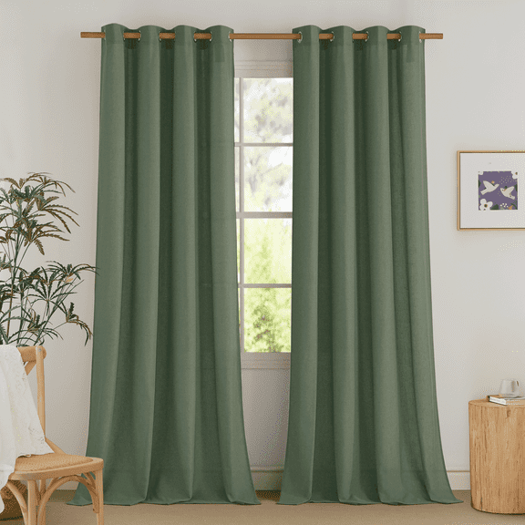 NICETOWN Olive Green Linen Curtains for Living Room, Natural Linen Drapes Grommet Light Filtering Semi Sheer Linen Curtains Ensure Privacy Country Window Drapes, 55"x84", 2 Panels