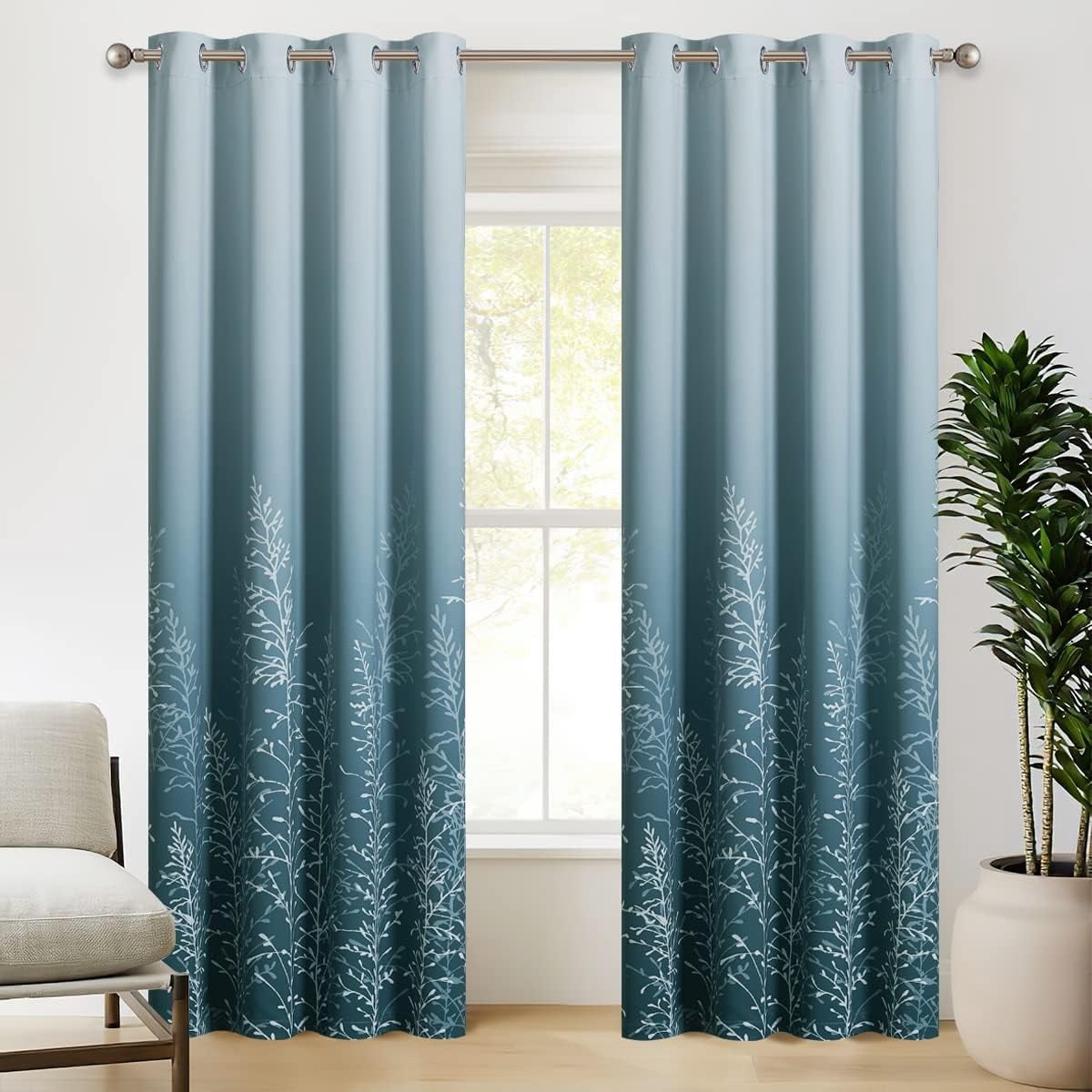 NICETOWN Ombre Blackout Curtains for Living Room Noise Reducing Grommet Room Darkening Drapes with Tree Pattern, White and Blue, W52 x L84, 2 Panels