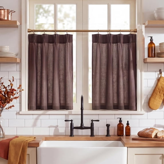 NICETOWN Pinch Pleated Linen Cafe Curtains, Semi Sheer Farmhouse Light Filtering Small Window Curtains for Kitchen Bathroom Baseroom, Taupe, 26"x36", 2 Panels