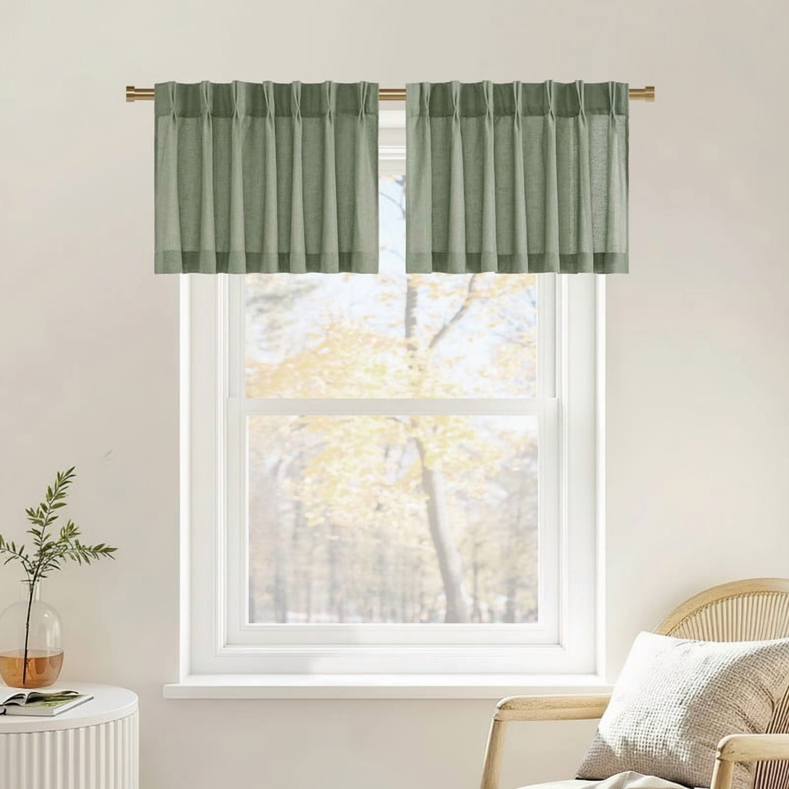 NICETOWN Pinch Pleated Linen Valance 18 Inches Long, Sage Green Cafe Curtains French Country Light Filtering Short Curtains for Bedroom Living Room, 40"x18", 1 Pair