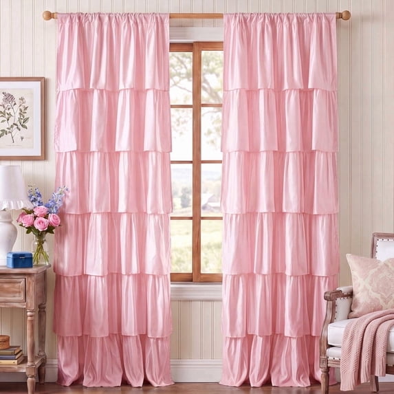 NICETOWN Pink Princess Ruffle Curtains, Elegant Ruffle Window Drapes Rod Pocket Curtains for Girls Bedroom Apartment Living Room Decor, 52 x 96 inches, 2 Panels