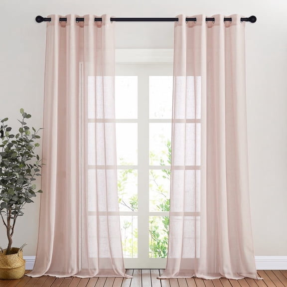 NICETOWN Pink Sheer Curtains for Bedroom, Vintage Linen Textured Grommet Semi Sheer Privacy Window Treatment Light Filter for Living Room, 52"x96", 2 Panels