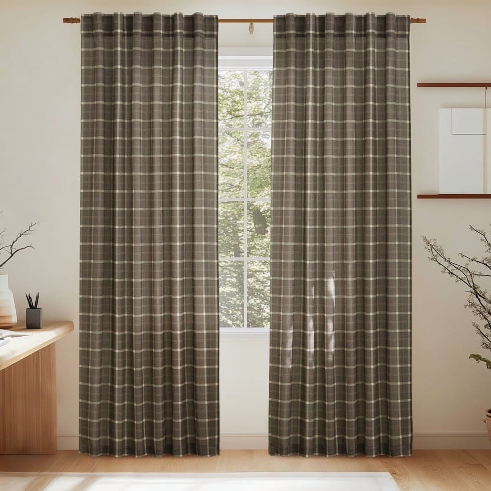 NICETOWN Plaid Curtains 63 inches Long, Linen Grid Pattern Light Filtering Privacy Shade for Kitchen Bedroom, Farmhouse Rod Pocket Back Tab Semi Sheer Curtains, Taupe, 2 Panels