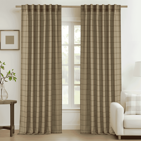 NICETOWN Plaid Curtains for Living Room 84 inch Length, Check Semi Sheer Linen Curtains Back Tab Rod Pocket Light Filtering Rustic Farmhouse Style Drapes for Bedroom, Linen, 2 Panels
