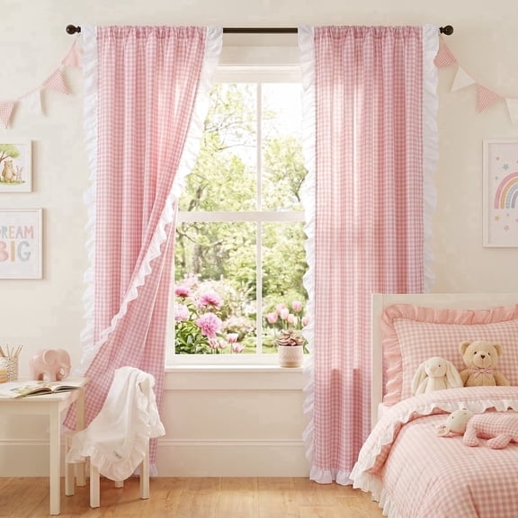 NICETOWN Plaid Linen Curtains for Bedroom, Linen Textured Semi-Sheer Curtains Rod Pocket Light Filtering Window Drapes, Shabby Chic Gingham Linen Drapes for Living Room, Blush Pink, 52"x84", 2 Panels