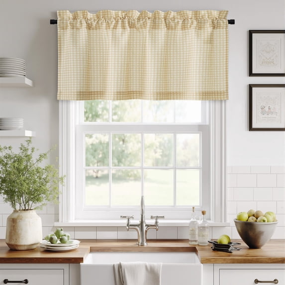 NICETOWN Plaid Window Valance for Kitchen, Farmhouse Semi Sheer Light Filtering Linen Valance, Rod Pocket Valance Curtains for Bathroom Living Room, Yellow, 42"x18", 1 Panel