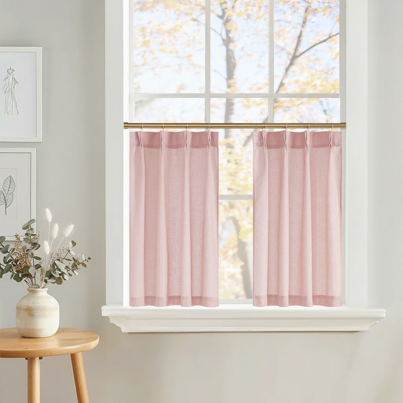 NICETOWN Pleated Linen Curtains for Kitchen, Semi Sheer Light Filtering Short Farmhouse Window Treatment for Bedroom Living Room, Light Pink, 26"x36", 2 Panels Set